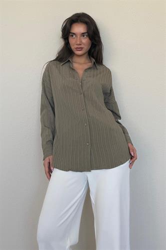 Haki Uzun Kollu Çizgili Oversize Gömlek MG2080