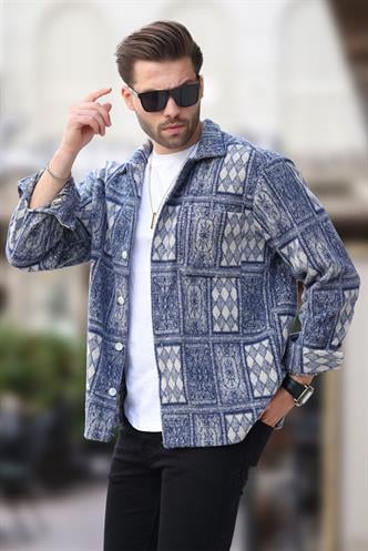 Lacivert Desenli Tek Cepli Erkek Polar Gömlek 6751