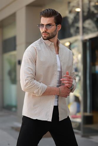 Bej Çizgili Uzun Kollu Pamuklu Erkek Gömlek 6746