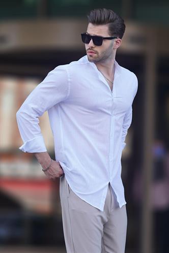 Beyaz Hakim Yaka Keten Görünümlü Pamuklu Uzun Kollu Erkek Gömlek 6745