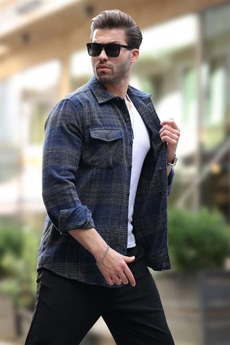 Lacivert Desenli Göğüs Cepli Erkek Polar Gömlek 6754