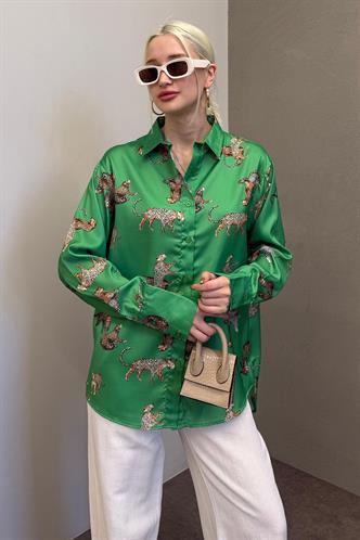 Mad Girls Leoparlı Yeşil Saten Gömlek MG187