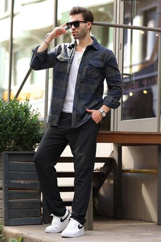 Lacivert Desenli Göğüs Cepli Erkek Polar Gömlek 6754