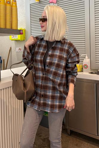 Bebe Mavisi Oversize Ekose Desenli Kadın Gömlek MG2589