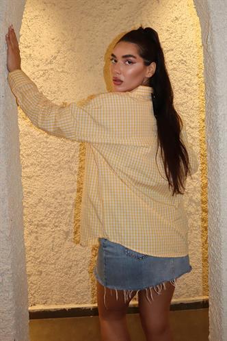 Sarı Pötikareli Uzun Kollu Kadın Gömlek Mg2386