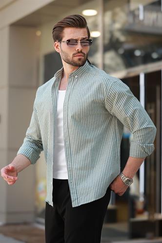 Yeşil Çizgili Uzun Kollu Pamuklu Erkek Gömlek 6746