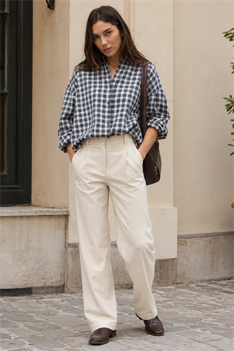 Lacivert Oversize Kareli Kadın Gömlek MG2822