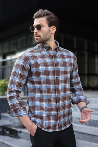 Bebe Mavisi Düğmeli Ekose Desenli Erkek Gömlek E6768