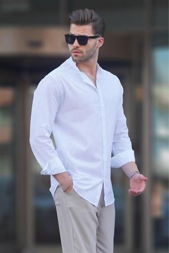 Beyaz Hakim Yaka Keten Görünümlü Pamuklu Uzun Kollu Erkek Gömlek 6745