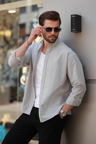 Gri Çizgili Uzun Kollu Pamuklu Erkek Gömlek 6746