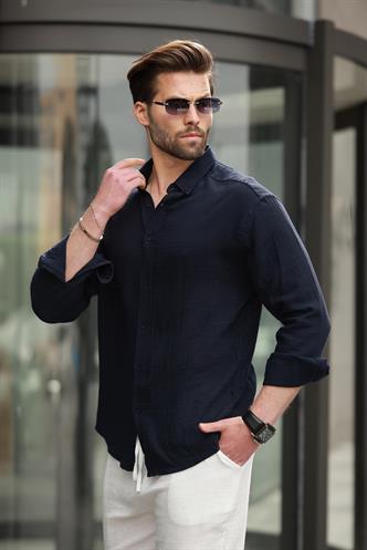 Lacivert Basic %100 Pamuklu Uzun Kollu Erkek Gömlek E6761