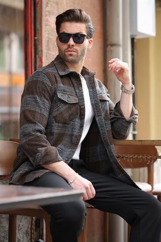 Haki Desenli Göğüs Cepli Erkek Polar Gömlek 6754