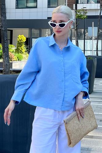 Mavi Çizgili Oversize Kadın Gömlek MG2093