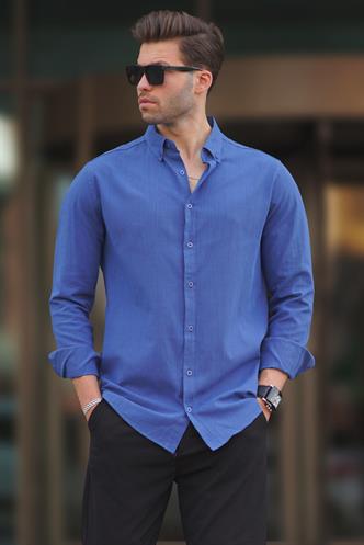 İndigo Uzun Kollu Pamuklu Keten Görünümlü Erkek Gömlek 6743