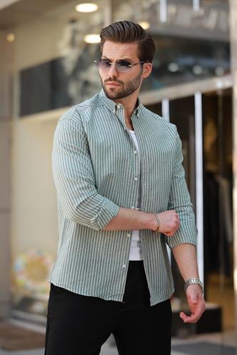 Yeşil Çizgili Uzun Kollu Pamuklu Erkek Gömlek 6746