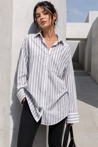 Gri Çizgili Oversize Kadın Gömlek MG1688