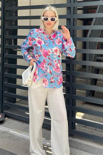 Mavi Çiçek Desenli Saten Gömlek MG1787