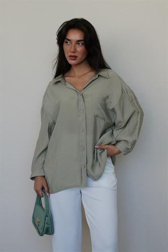 Mint Yeşili Cepli Kadın Uzun Kollu Gömlek MG2409