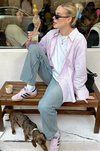 Pembe Çizgili Oversize Kadın Gömlek MG2732