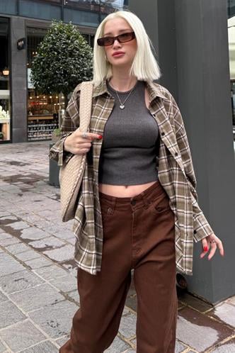 Camel Oversize Ekose Desenli Kadın Gömlek MG2589