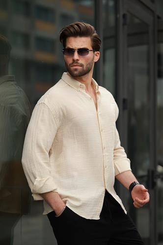 Bej Basic %100 Pamuklu Uzun Kollu Erkek Gömlek E6761