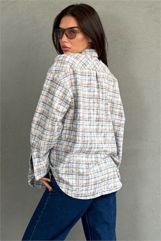 Mavi Ekose Desen Oversize Kadın Gömlek MG2899