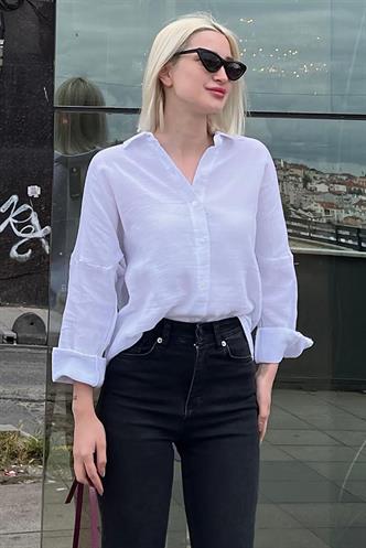 Beyaz Muslin Kumaş Basic Kadın Gömlek MG1660