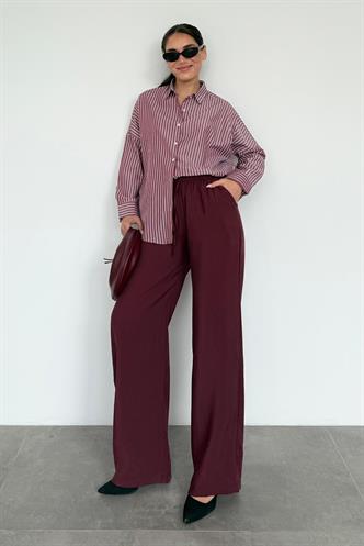 Bordo Çizgili Kadın Gömlek Mg2410