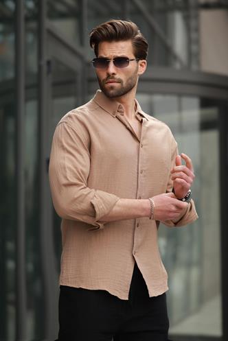 Camel Basic %100 Pamuklu Uzun Kollu Erkek Gömlek E6761
