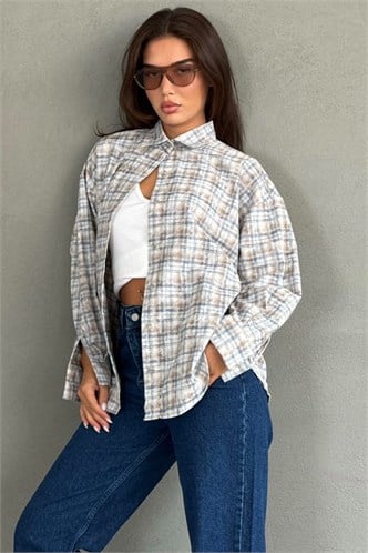 Mavi Ekose Desen Oversize Kadın Gömlek MG2899