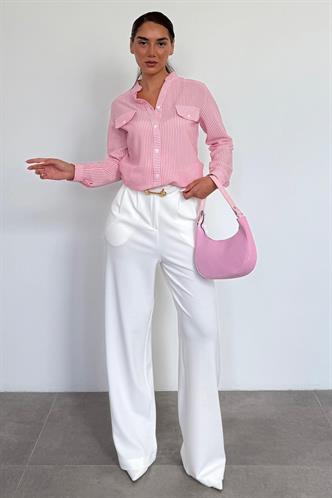 Pembe Çizgili Gofre Kumaş Kadın Oversize Gömlek MG1666
