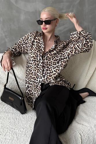 Bej Leopar Desen Kadın Gömlek Mg2296