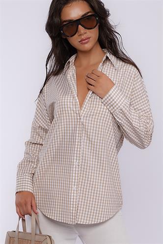 Bej Pötikareli Uzun Kollu Kadın Gömlek Mg2386