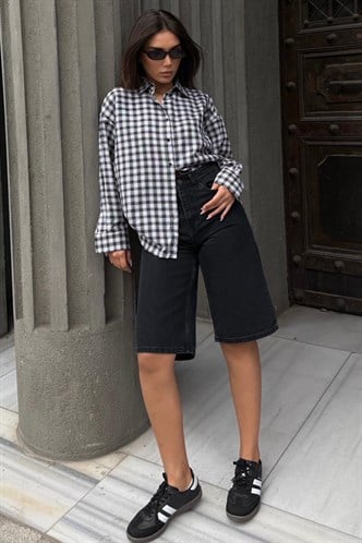 Siyah Oversize Kareli Kadın Gömlek MG2822