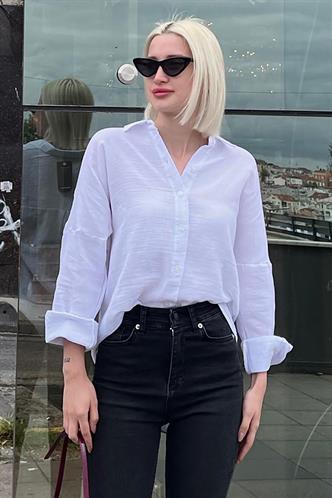 Beyaz Muslin Kumaş Basic Kadın Gömlek MG1660