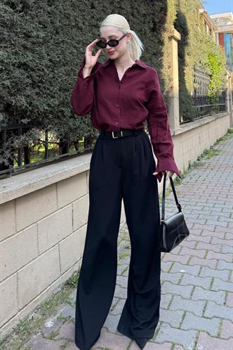 Bordo Muslin Kumaş Basic Kadın Gömlek MG1660
