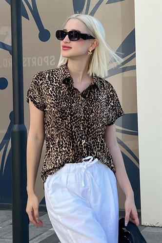 Bej Leopar Desenli Kısa Kollu Kadın Gömlek MG2098