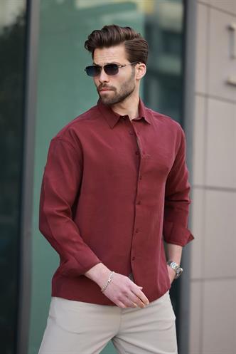 Bordo  Basic Uzun Kollu Erkek Gömlek E6762