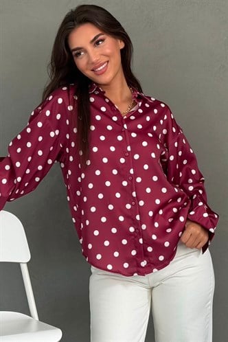 Bordo Puantiyeli Saten Kadın Gömlek MG2869