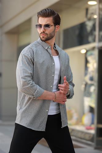 Siyah Çizgili Uzun Kollu Pamuklu Erkek Gömlek 6746