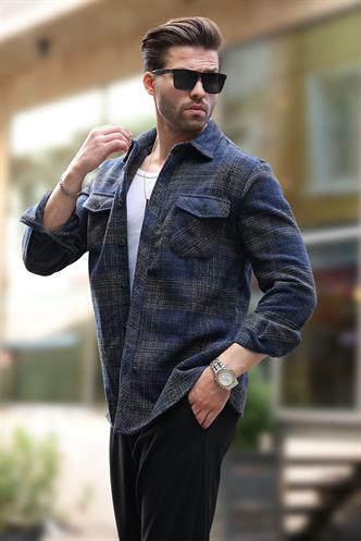 Lacivert Desenli Göğüs Cepli Erkek Polar Gömlek 6754