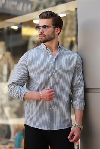 Füme Çizgili Uzun Kollu Pamuklu Erkek Gömlek 6746