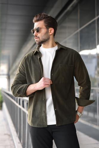 Haki Düğmeli Kadife Erkek Gömlek E6766
