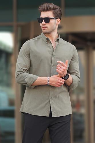 Haki Uzun Kollu Pamuklu Keten Görünümlü Erkek Gömlek 6743