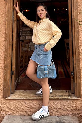 Sarı Pötikareli Uzun Kollu Kadın Gömlek Mg2386