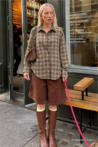 Camel Oversize Ekose Desenli Kadın Gömlek MG2589