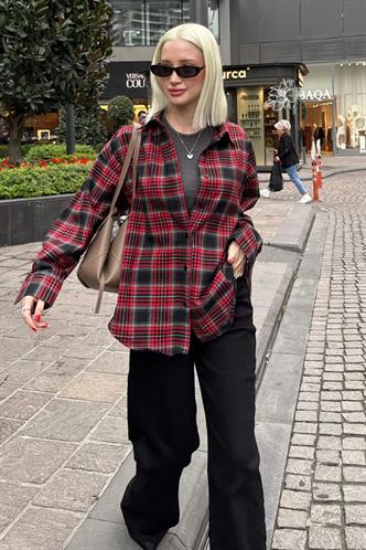 Kırmızı Oversize Ekose Desenli Kadın Gömlek MG2589