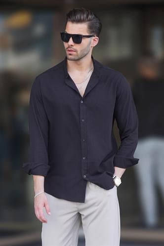 Siyah Hakim Yaka Keten Görünümlü Pamuklu Uzun Kollu Erkek Gömlek 6745