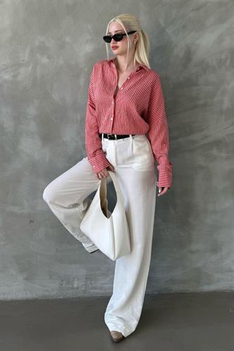 Kiremit Çizgili Oversize Kadın Gömlek Mg2327