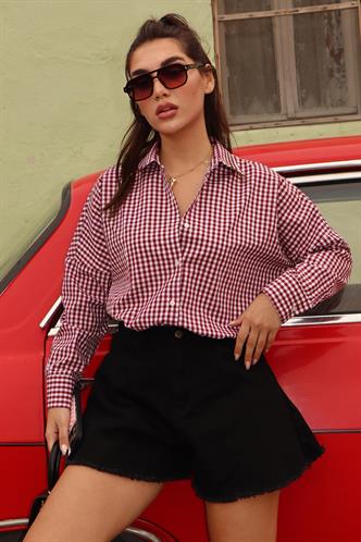 Bordo Pötikareli Uzun Kollu Kadın Gömlek Mg2386